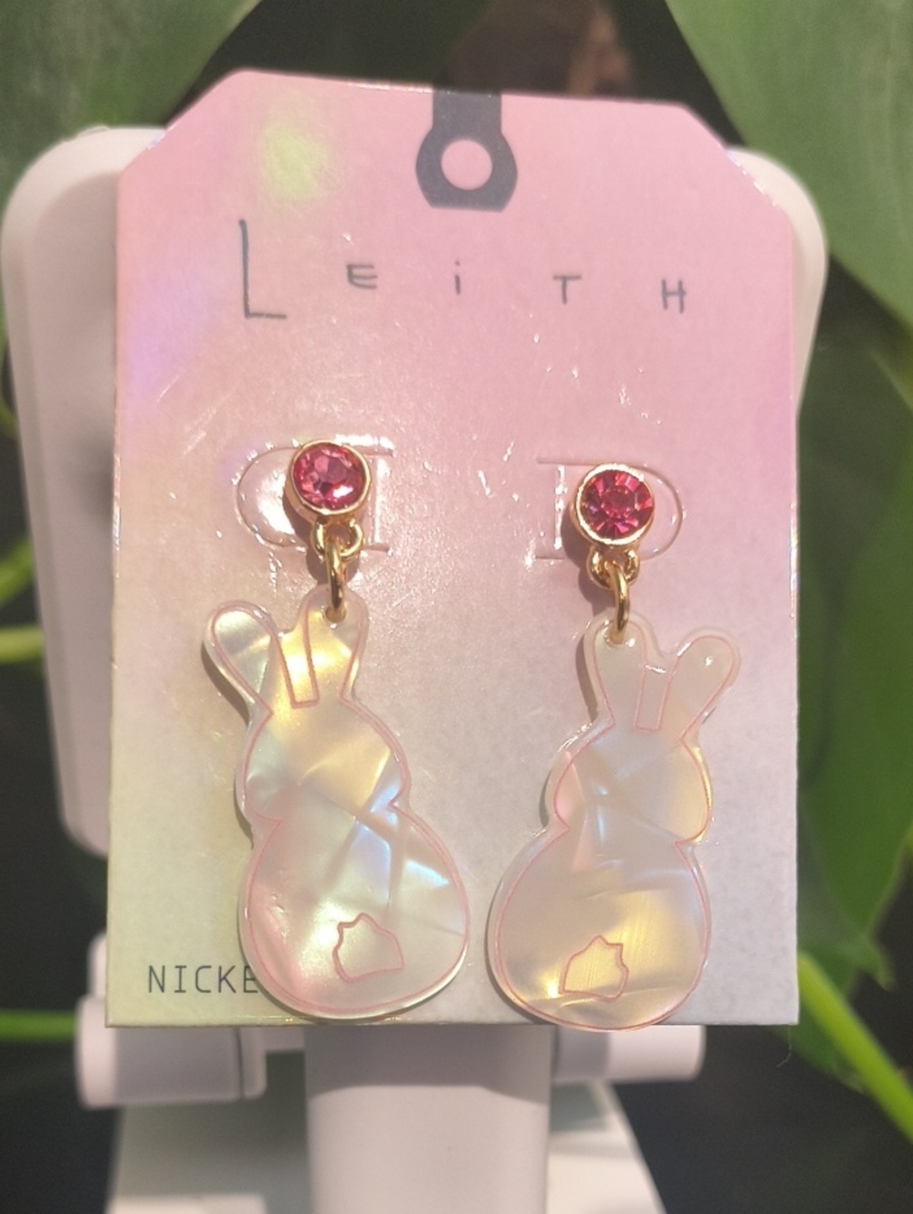 Leith Pink Iridescent Bunny Drop Earrings Pink Gem Accents NWT